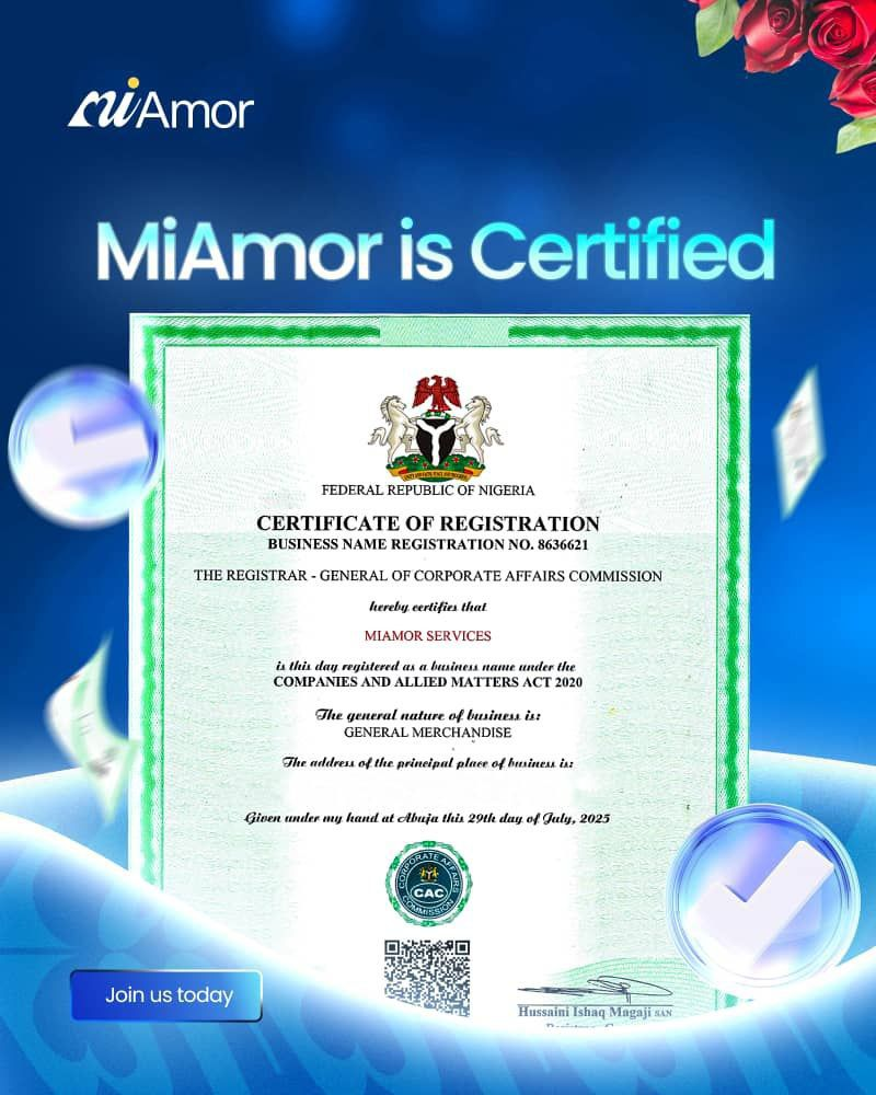 A photo of the MiAmor Services official Certificate of Registration from the Federal Republic of Nigeria Corporate Affairs Commission.